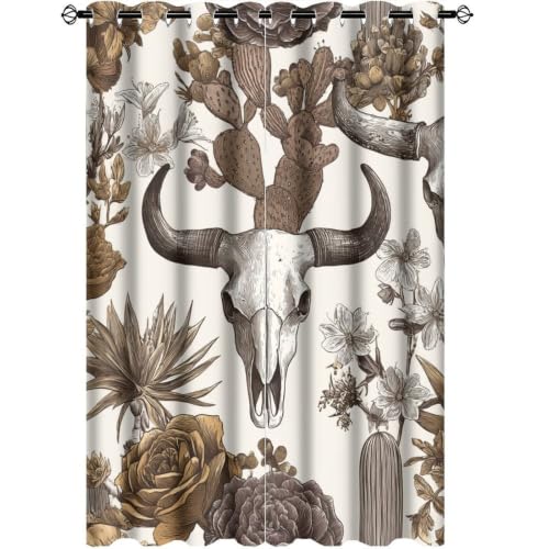 Retro Western Bull Skull Thermal Insulated Grommet Curtains - 21W x 63L Set of 2