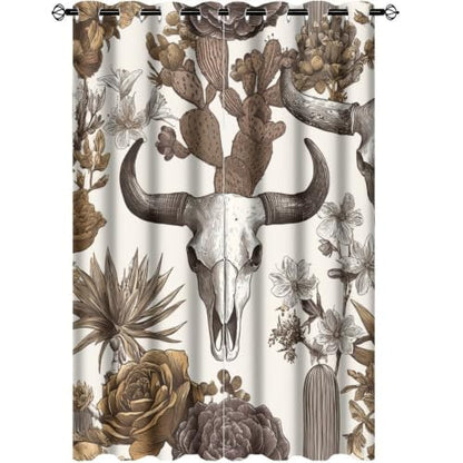 Retro Western Bull Skull Thermal Insulated Grommet Curtains - 21W x 63L Set of 2