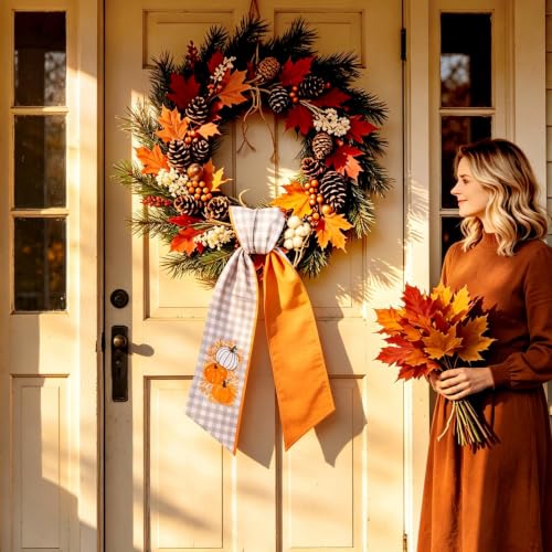 Fall Wreath Sash for Front Door - Gray White Plaid Pumpkin Decor