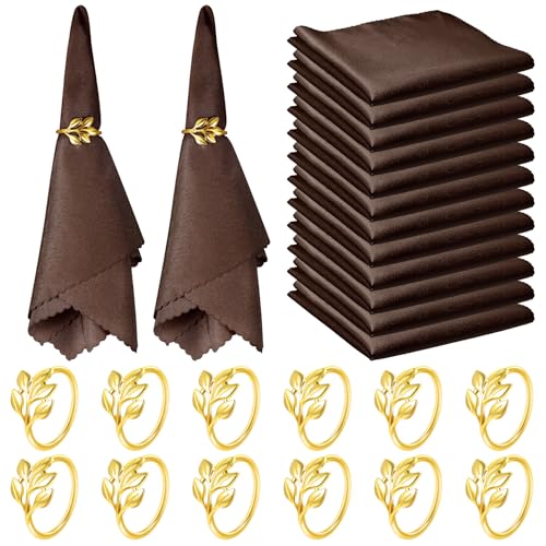 Chocolate Brown Cloth Napkin Set with Gold Ring Holders - 12 Pack, 17x17 Inches, Washable Table Decor for Weddings & Holidays