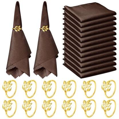 Chocolate Brown Cloth Napkin Set with Gold Ring Holders - 12 Pack, 17x17 Inches, Washable Table Decor for Weddings & Holidays