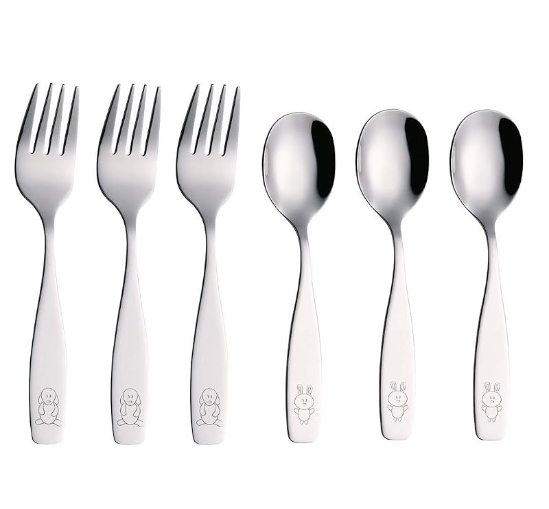 Kids Stainless Steel Flatware Set 6 Pieces - 3 Forks & 3 Spoons, Engraved Dog Bunny (Variation Stainless Steel+1)