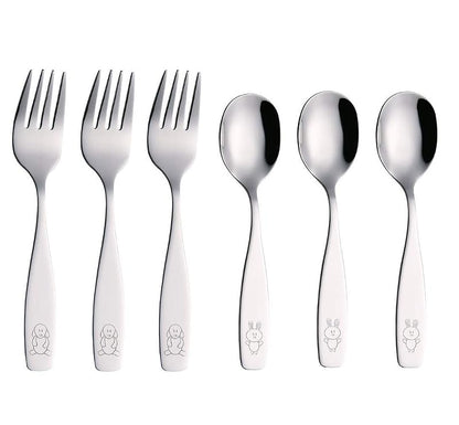 Kids Stainless Steel Flatware Set 6 Pieces - 3 Forks & 3 Spoons, Engraved Dog Bunny (Variation Stainless Steel+1)