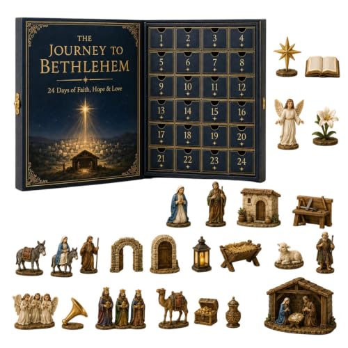 Nativity Christmas Advent Calendar Book-Style Pull-Out Drawer Set with 24 Mini Nativity Figurines - Holiday Tabletop Decor & Gift - Variation A