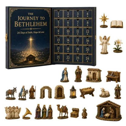 Nativity Christmas Advent Calendar Book-Style Pull-Out Drawer Set with 24 Mini Nativity Figurines - Holiday Tabletop Decor & Gift - Variation A