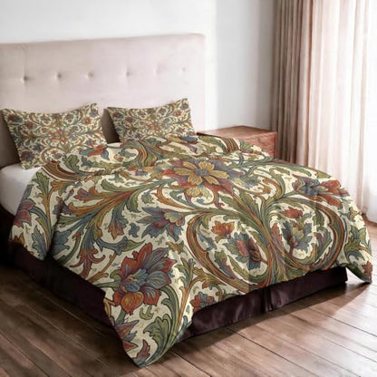 King Size Reversible Duvet Cover Set with Pillowcases - Morris Style Green Beige - 3 Piece