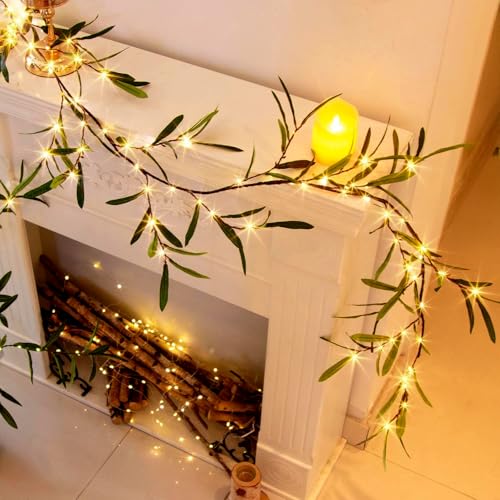 Lighted Artificial Olive Garland 6FT with Warm White LEDs for Home Decor