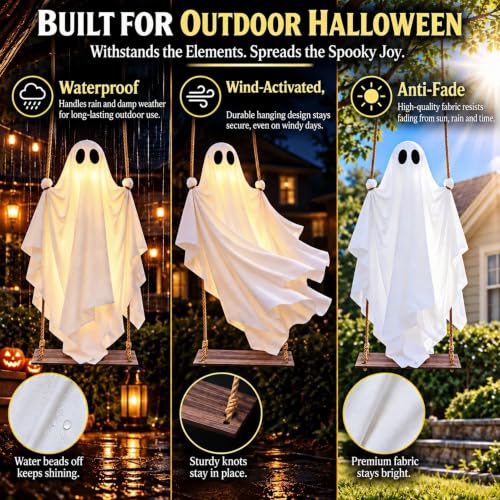 Outdoor Hanging Ghost Decor - 5FT Spooky Swinging Ghost for Halloween Yard