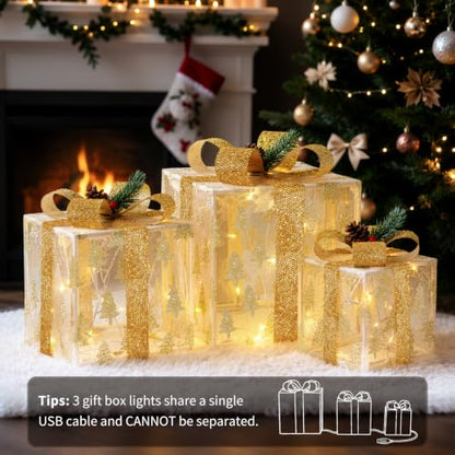 Lewondr Golden Christmas Lighted Gift Boxes Set - Glitter Xmas Tree Pattern, USB Powered with Remote Control