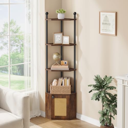 Rustic Brown 5-Tier Corner Shelf Stand with Cabinet - Space-Saving Storage