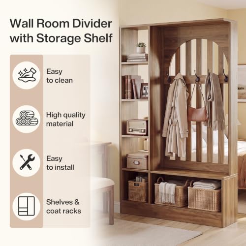 Room Divider with Storage Shelves and Bench - Freestanding Coat Rack & Open Shelves