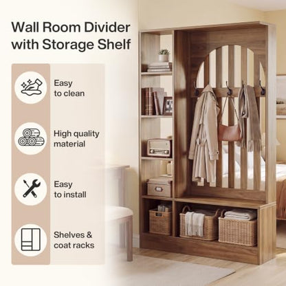 Room Divider with Storage Shelves and Bench - Freestanding Coat Rack & Open Shelves