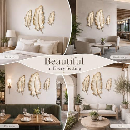 Large Metal Feather Wall Decor Set - Beige Gold 3D Wall Art for Living Room