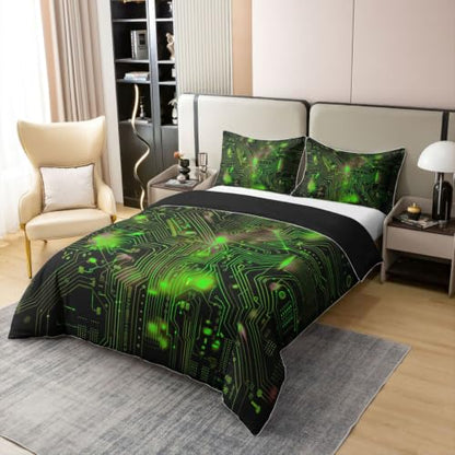 Green Black Twin Cotton Duvet Cover Set with Hidden Zipper & Corner Ties