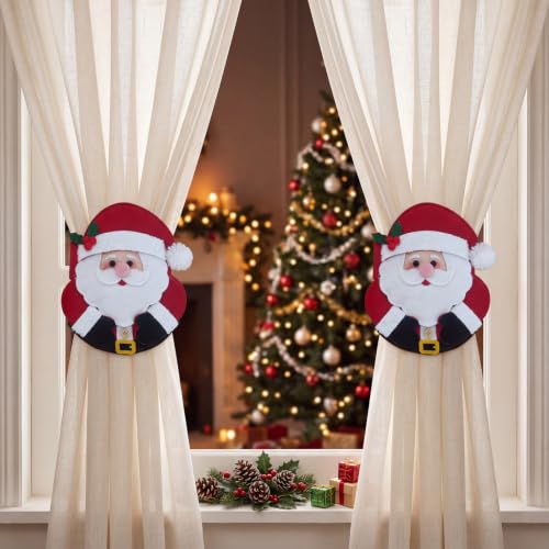 Christmas Santa Curtain Tiebacks - Felt Holiday Window Holdbacks (2 Pack)