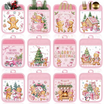 Christmas Pot Holders with Pockets - Pink Gingerbread Holiday Kitchen Accessories
