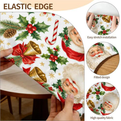 Santa Bells Round Fitted Christmas Tablecloth 65 Inch Waterproof Elastic Edge