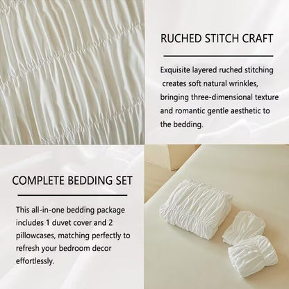King White Stripes Duvet Cover Set with Tufted Ruching - 104x90 Inches
