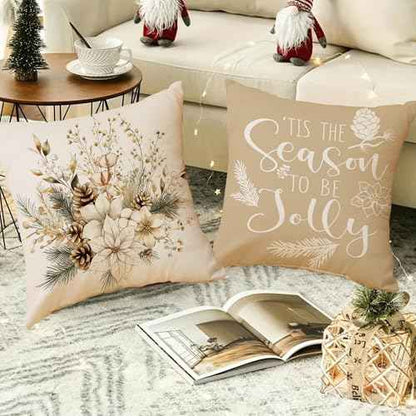 Christmas Beige Poinsettia Pillow Covers Christmas Wild Flowers 18 x 18 Inch Throw Pillows, Xmas Berry Pine Cones Seasonal Decorative Farmhouse Cushion Case for Sofa Couch Set of 4