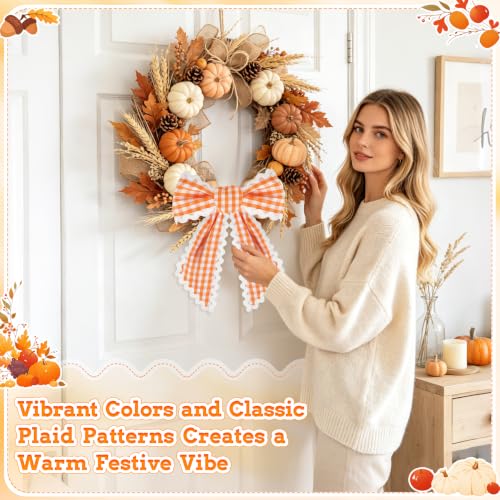 Orange and White Plaid Wreath Sash with Trim - Front Door Decor (Variation: Orange & White)
