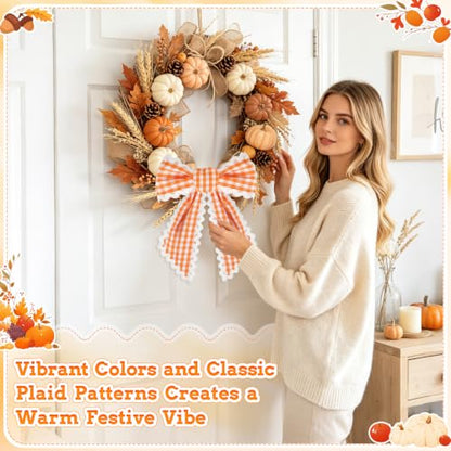 Orange and White Plaid Wreath Sash with Trim - Front Door Decor (Variation: Orange & White)