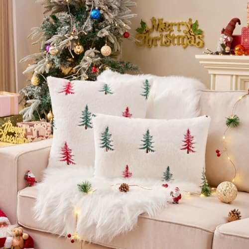 Christmas Throw Pillow Covers 18x18 Set of 2 - Red Green Faux Fur Decor