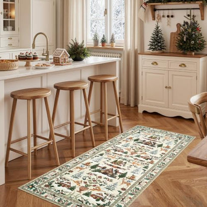 Jinchan Christmas Runner Rug 2x5 Entryway Kitchen Washable Beige Cabin Tales Variation