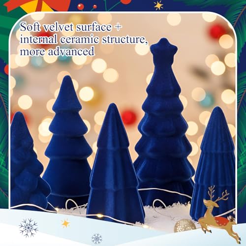Bucherry Blue Christmas Ceramic Velvet Tree Set - 6 Pcs, 3 Sizes, Holiday Table Decor