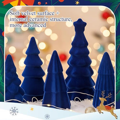 Bucherry Blue Christmas Ceramic Velvet Tree Set - 6 Pcs, 3 Sizes, Holiday Table Decor