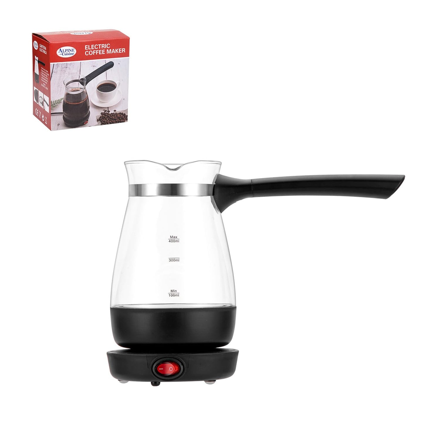 Alpine Cuisine Electric Glass Coffee Maker 400ml 120V 60Hz 600W with Detachable Handle | Boil Dry & Over Heat Protection | 360 Degree Rotational Base & Color Box Packing | Easy to Use & Clean