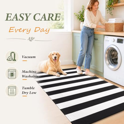 Black White Striped Entryway Rug - 2'4 x 3'7 Front Door Mat - Farmhouse Style