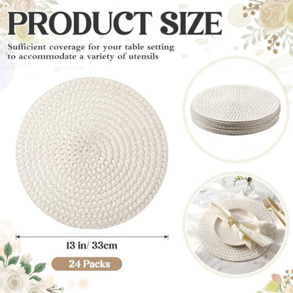24 Pcs 13 Inch Round Woven Placemat Set - Boho Charger, Beige/Natural