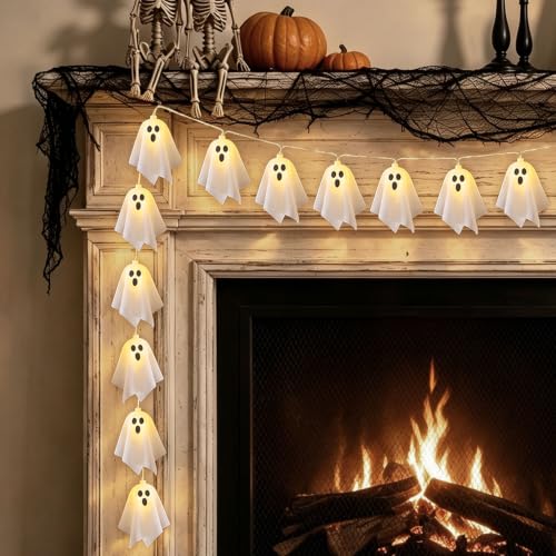 Ghost LED Light Up Garland - Halloween Decoration, 9.8ft, 20 Ghosts, Battery Powered, Handmade