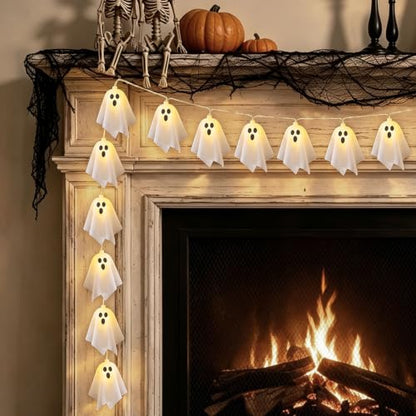 Ghost LED Light Up Garland - Halloween Decoration, 9.8ft, 20 Ghosts, Battery Powered, Handmade