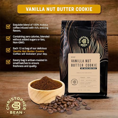 Christopher Bean Coffee - Vanilla Nut Butter Cookie Flavored Coffee, Relaxing After Dinner 100% Arabica, No Sugar, No Fats, Decaf Ground Vanilla Nut Coffee Beans, Non-GMO, (12-Ounce)