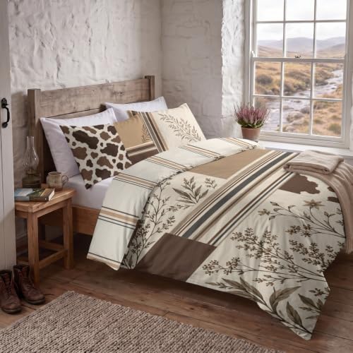 Oversized King Cowhide Patchwork Duvet Cover Set - Oatmeal & Cocoa Brown Variation