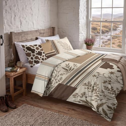 Oversized King Cowhide Patchwork Duvet Cover Set - Oatmeal & Cocoa Brown Variation