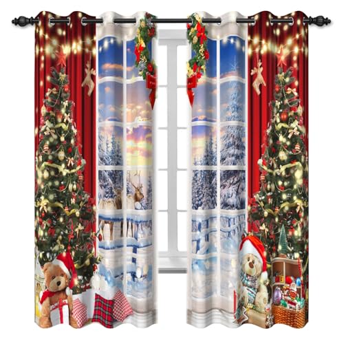 Christmas Blackout Curtains for Living Room Snowy Forest Xmas Tree Wreath 52x84 Inches Pack of 2