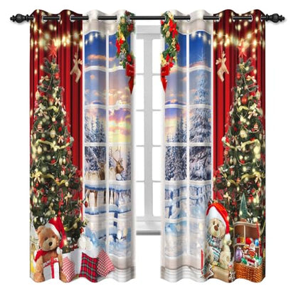 Christmas Blackout Curtains for Living Room Snowy Forest Xmas Tree Wreath 52x84 Inches Pack of 2
