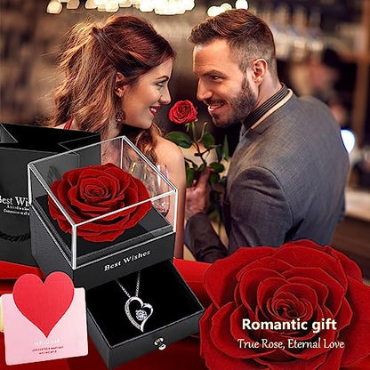 Eternal Rose Gift Box with Necklace - Red Preserved Rose & Silver Heart Pendant
