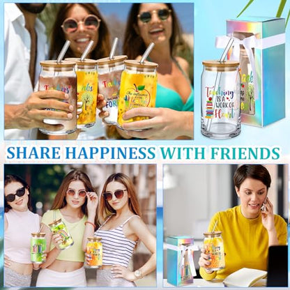 Teacher Appreciation Gifts Glass Cups Set - 12 Pcs 16 oz with Quotes & Gift Boxes - Teaching Variation