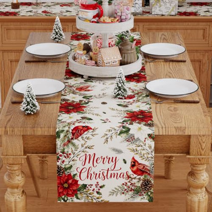 Christmas Table Runner 13x72 Inch Poinsettia Holiday Decor - 220 GSM