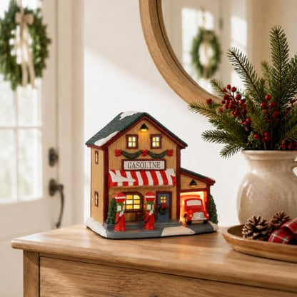 Ceramic Christmas Village House with Light-Up Gas Station - Holiday Decor - Variation of Gas Station