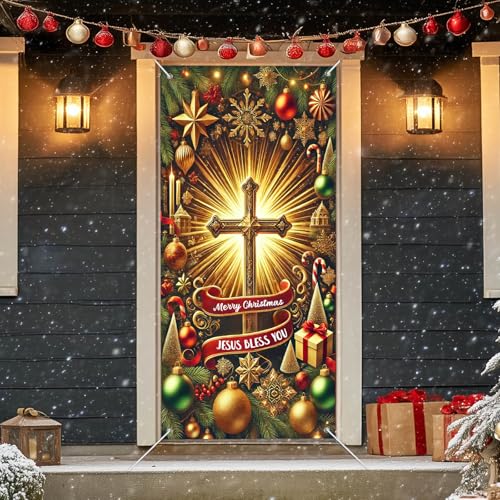 IVN Christmas Golden Cross Door Cover Decoration Banner 71x35 Inch - Holiday Welcome