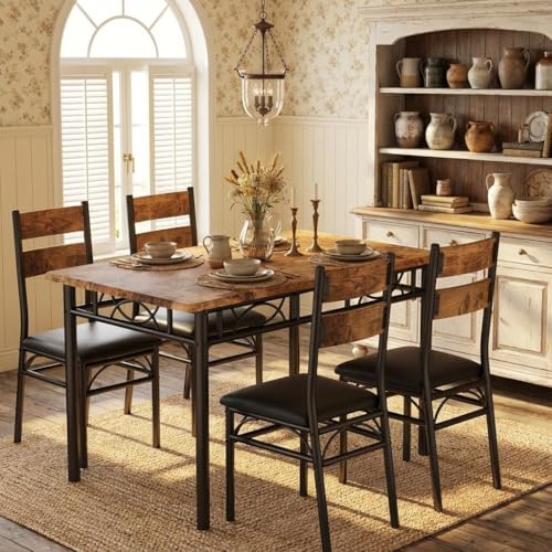 Garvee 5-Piece Dining Table Set for 4 - Retro Brown, Rectangular Kitchen & Dining Chairs