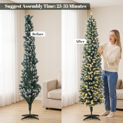 6ft Prelit Christmas Tree with Dual-Color Lights, Flocked Green-White, Narrow