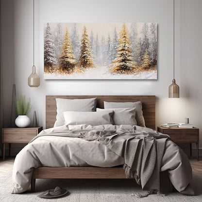 Vintage Wall Art Canvas 58x29 Inches Christmas Tree Landscape Abstract Gold Frame - Yellow White