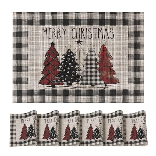 Christmas Trees Vinyl Placemats Set of 6 - 12x18 Inch Rectangular Black Winter Table Mats