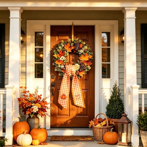 Fall Wreath Sash with Watercolor Pumpkin and Plaid Pattern - 55.1" x 4.7"