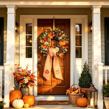Fall Wreath Sash with Watercolor Pumpkin and Plaid Pattern - 55.1" x 4.7"